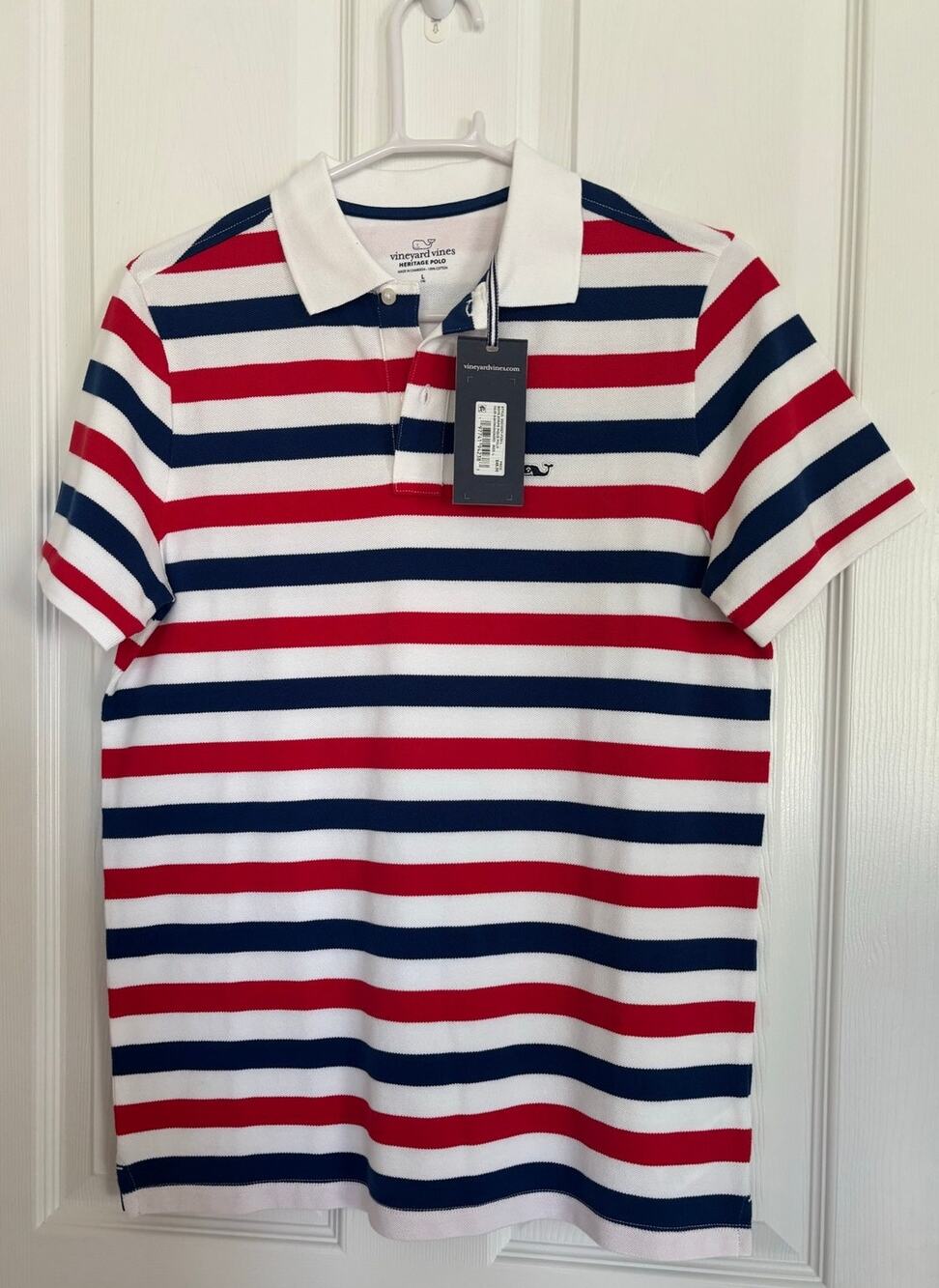NWT Vineyard Vines Boys Heritage Polo Shirt Red & Blue Striped Large (16)